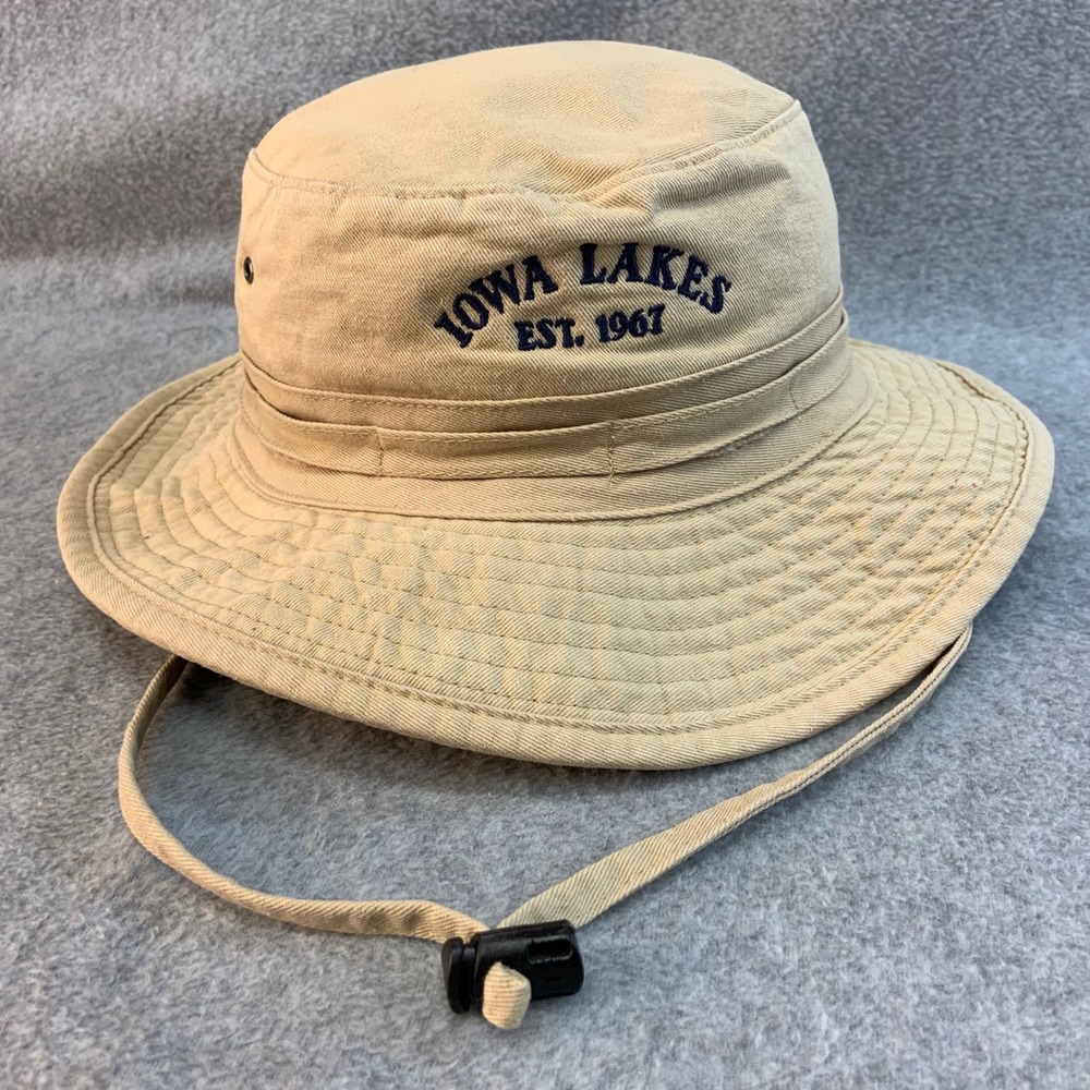 Iowa Lakes Est 1967 Mens Tan Artisans Bucket Hat Adjustable Chin Strap OSFM